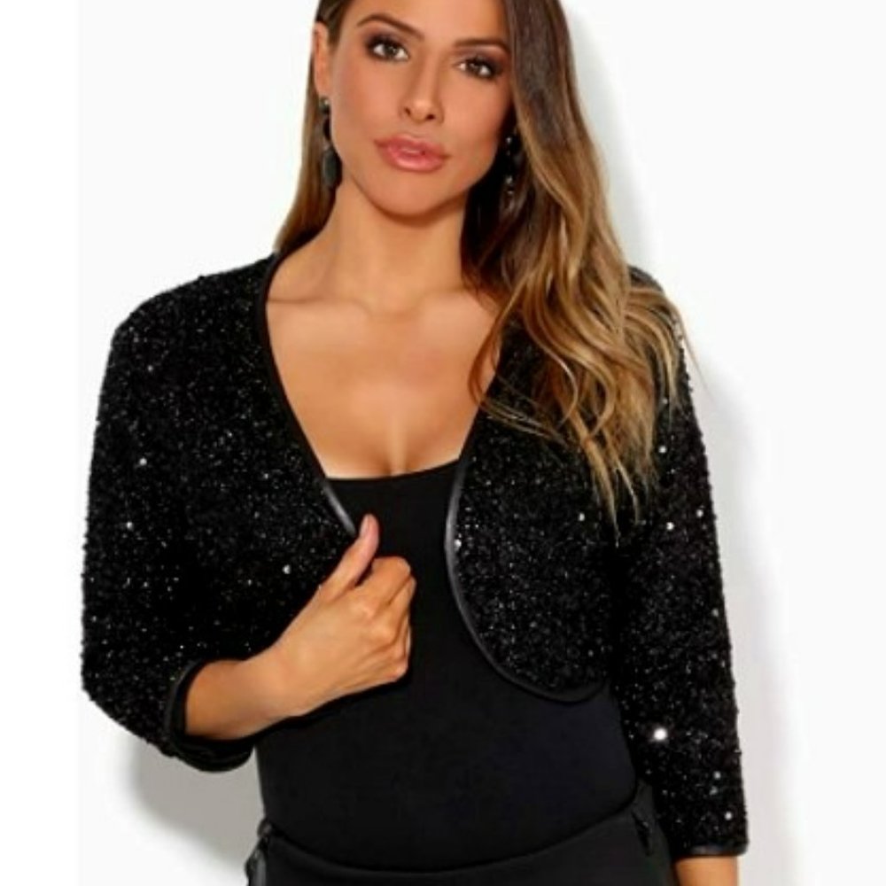 NEW Sequin Black Bolero Cropped Lined Jacket XL